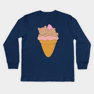 Kawaii Cute Brown Bear Ice Cream T-Shirt Kids Long Sleeve T-Shirt